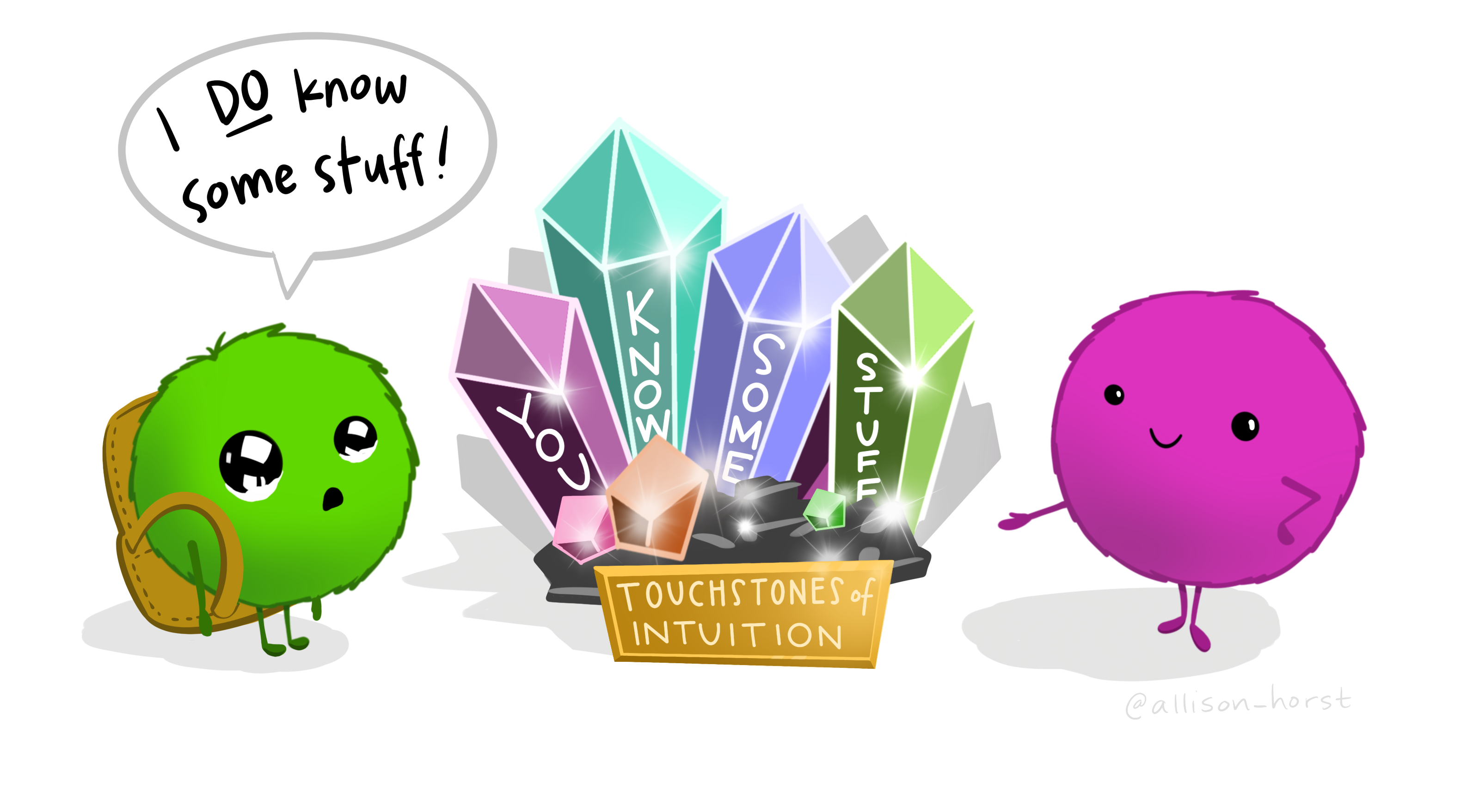A cartoon monster student in a backpack looks on at stunning gems labeled Touchstones of Intuition, which have the text You know some stuff written on sequential crystals.